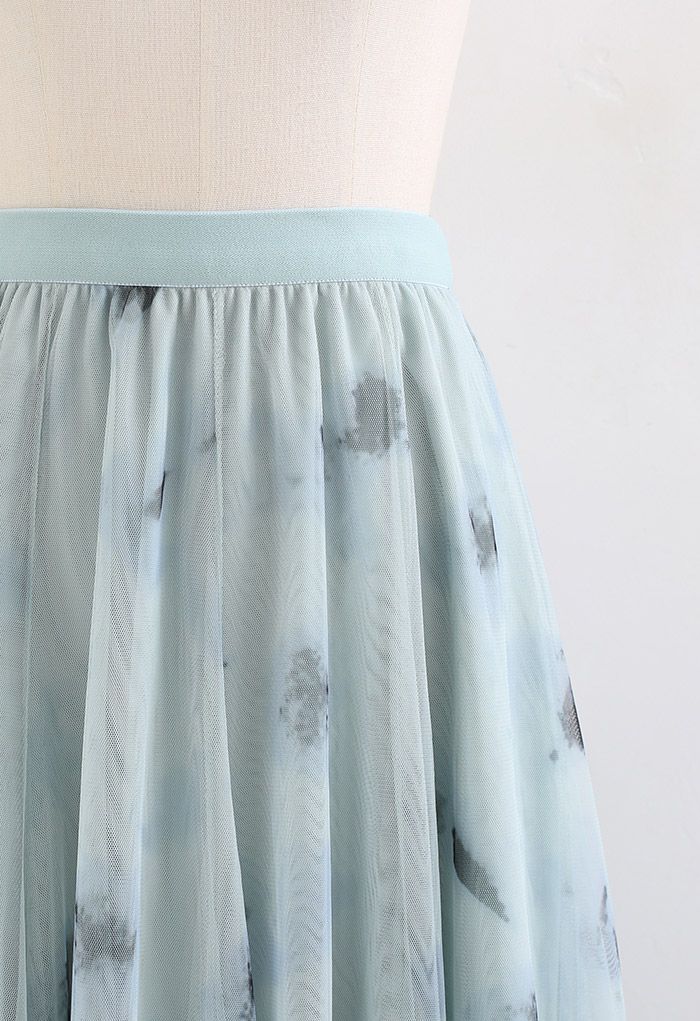 Falda midi de tul de malla con paneles en menta Splash-Ink