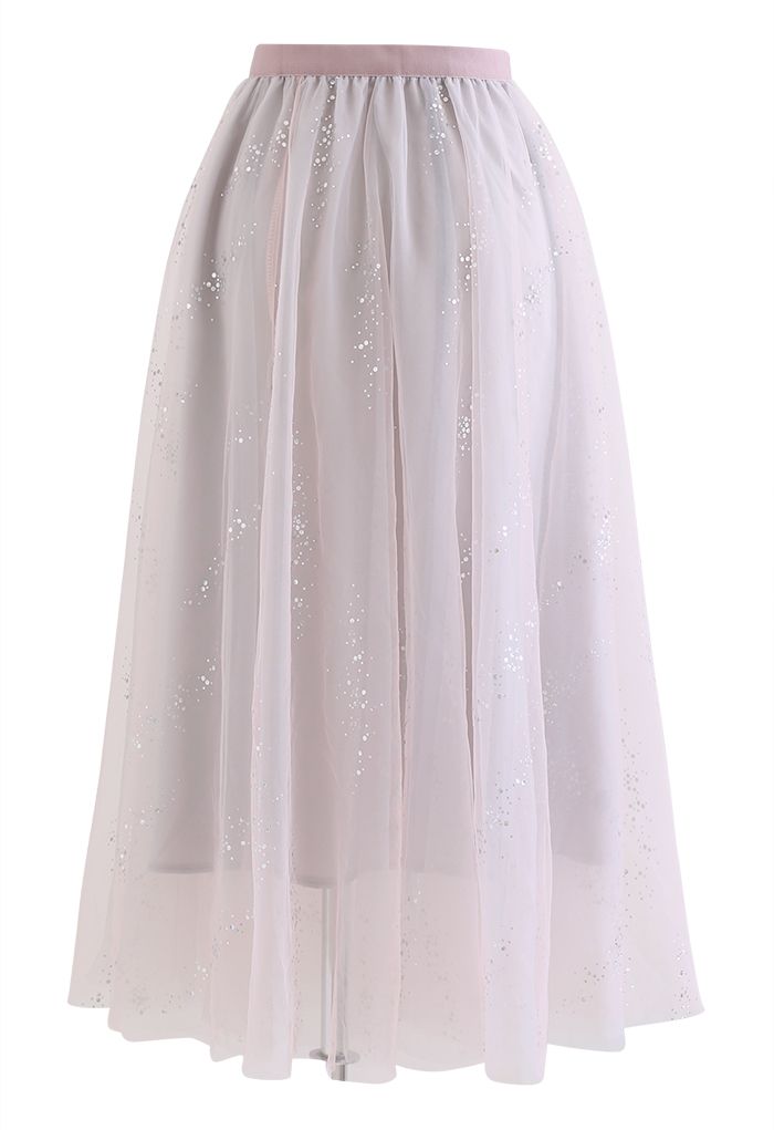 Falda larga de malla de varios colores con lentejuelas brillantes en rosa polvoriento