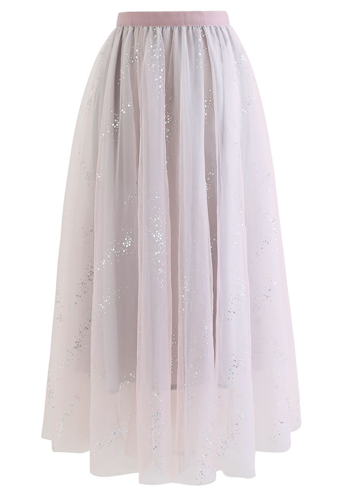 Falda larga de malla de varios colores con lentejuelas brillantes en rosa polvoriento