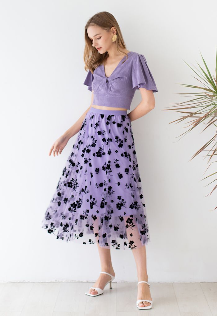 Falda midi de malla de dos capas en lila 3D Posy