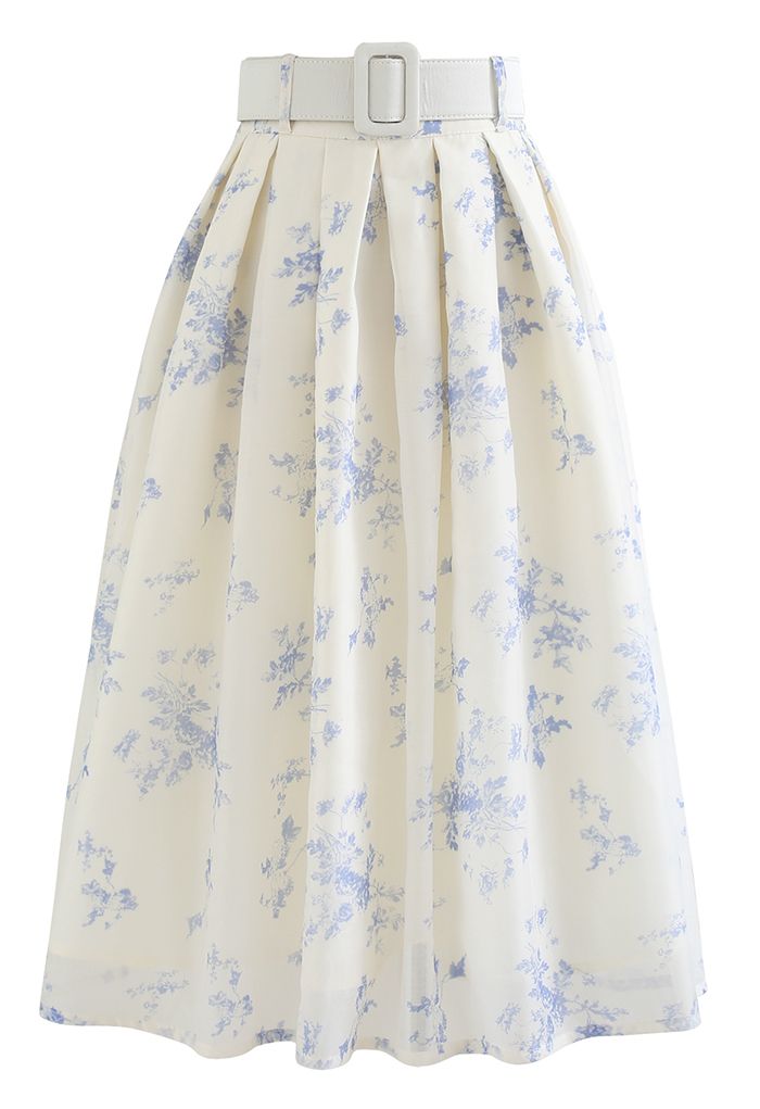 Falda midi plisada de organza suave con estampado floral