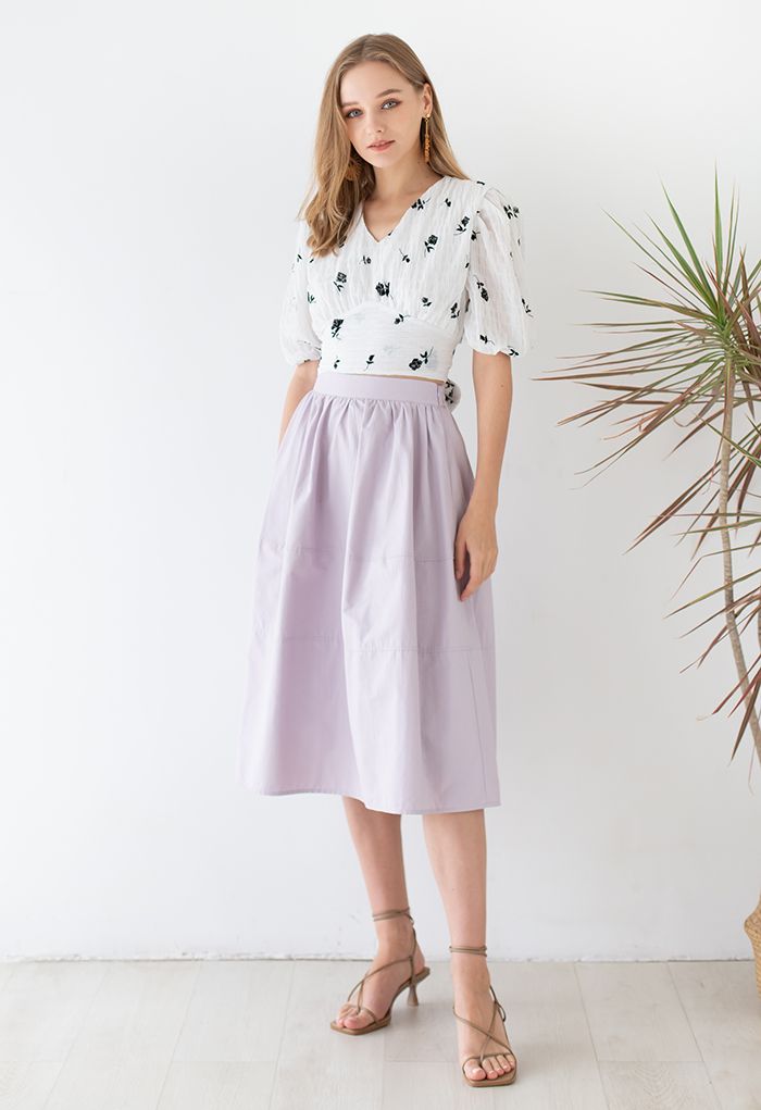 Falda midi de algodón con detalle de costuras en lila