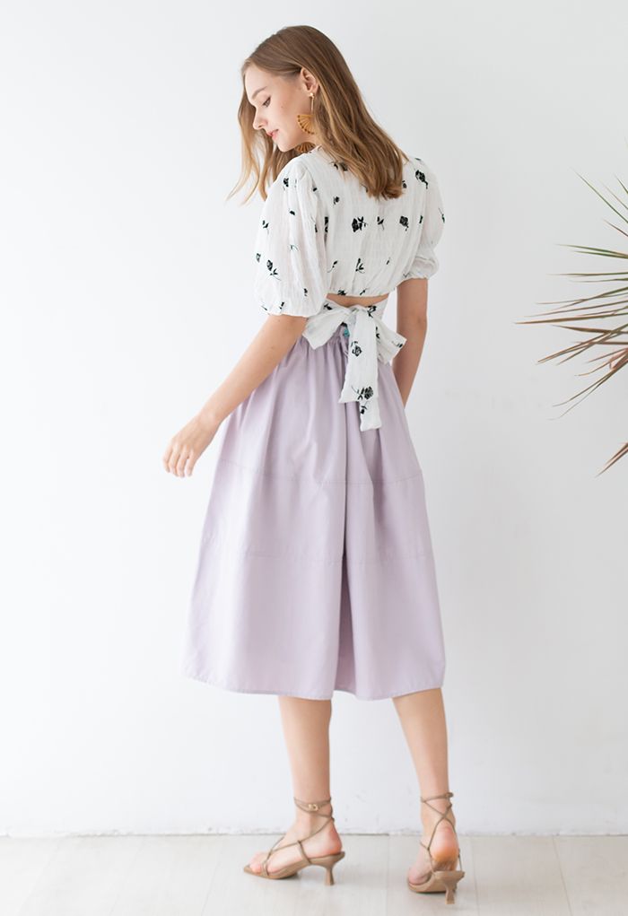 Falda midi de algodón con detalle de costuras en lila