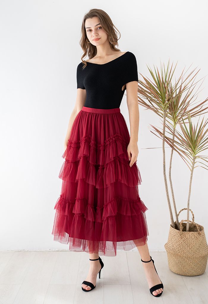 Exquisita falda de tul de malla con volantes escalonados en rojo - Retro,  Indie and Unique Fashion