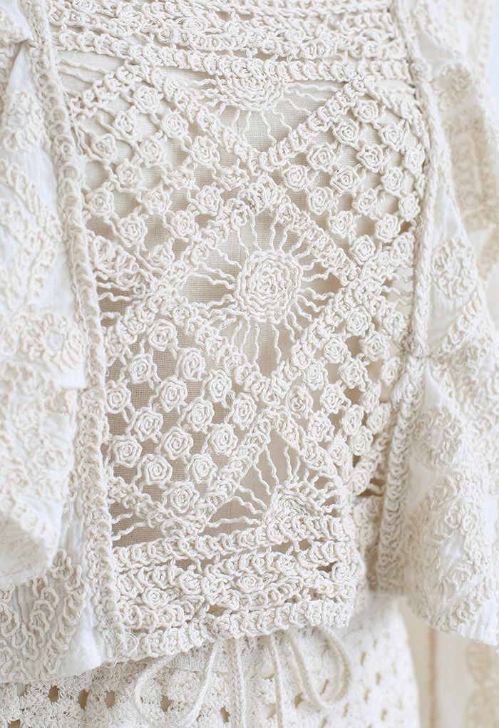 Conjunto de top y shorts de algodón de ganchillo floral calado en lino