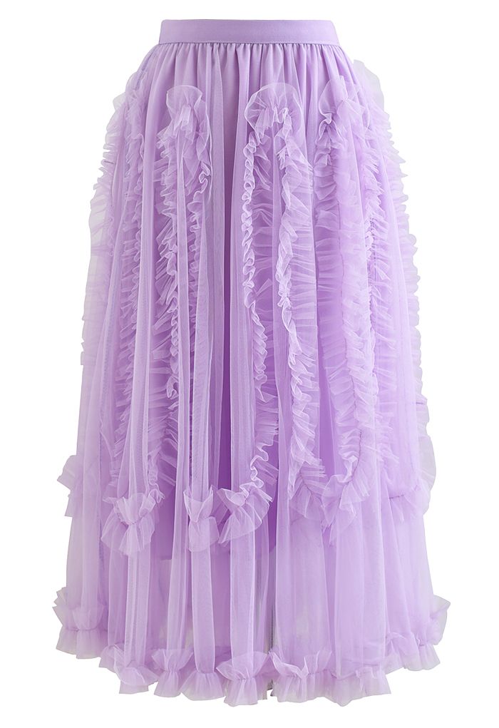 Falda de tul de malla de doble capa con volantes sinuosos en lila