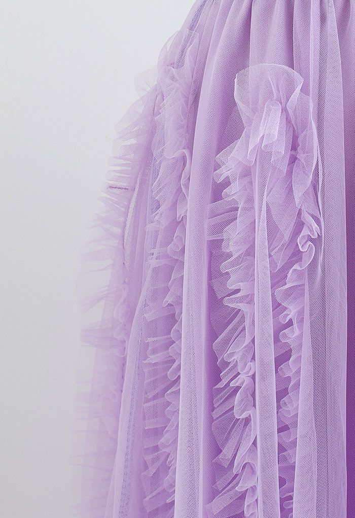 Falda de tul de malla de doble capa con volantes sinuosos en lila