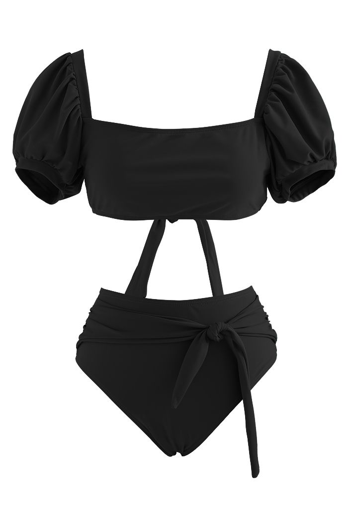 Bikini con nudo de corbata y escote cuadrado en negro