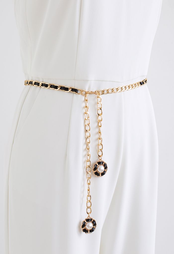 Cinturón con cadena dorada de piel sintética con perlas florales en negro