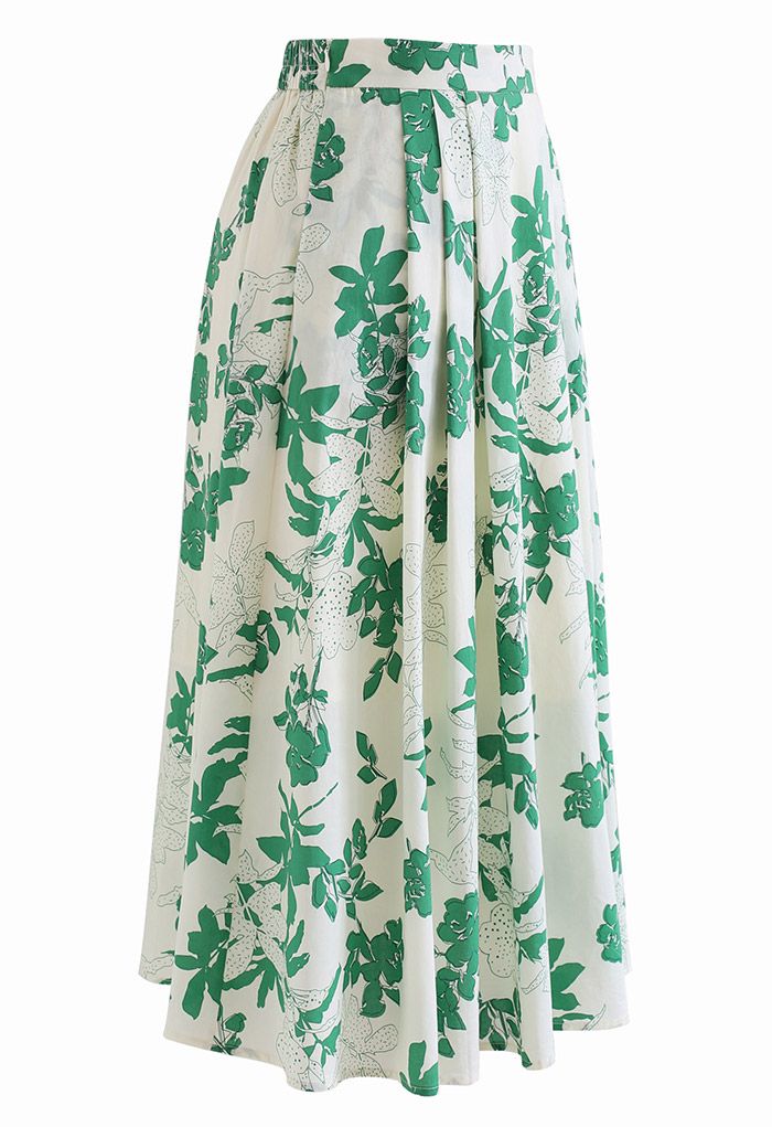Falda midi de algodón con bolsillo lateral floral verde