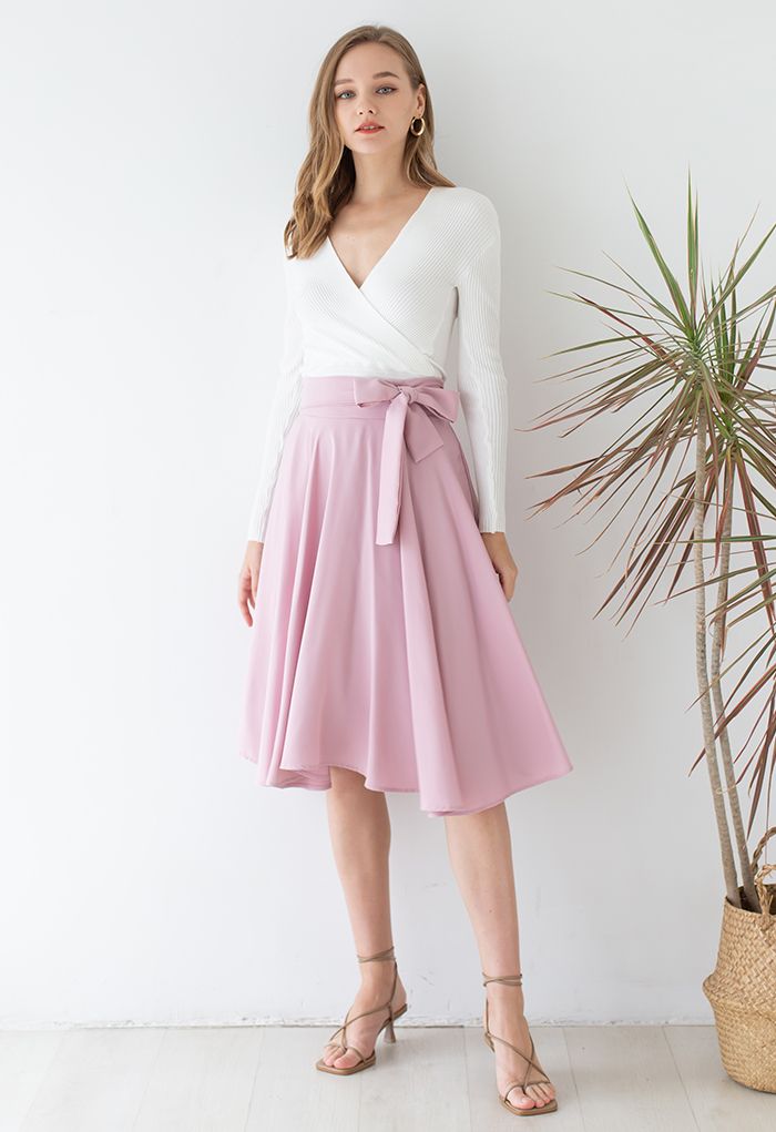 Falda a media pierna con dobladillo acampanado y lazo en la cintura en rosa  - Retro, Indie and Unique Fashion