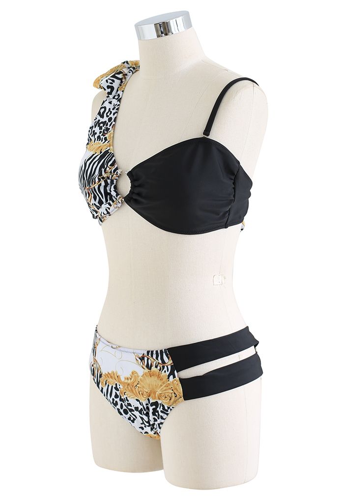 Conjunto de bikini empalmado con estampado de leopardo y nudo anudado