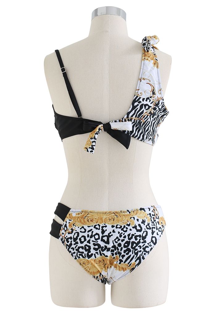 Conjunto de bikini empalmado con estampado de leopardo y nudo anudado