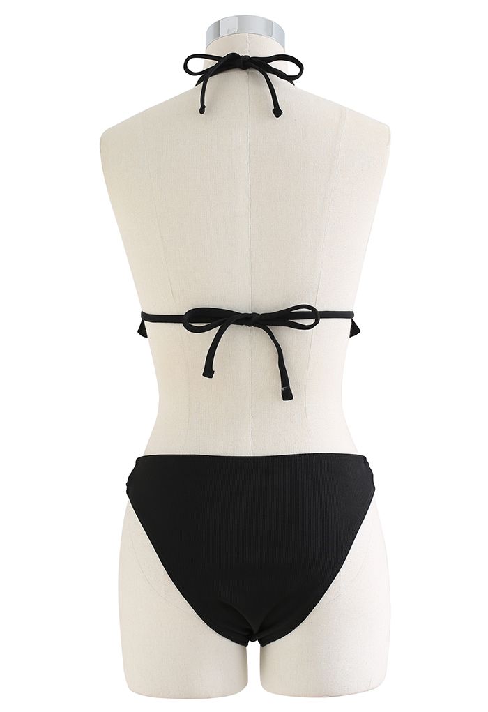 Conjunto de bikini de triángulo negro sólido con cuello halter