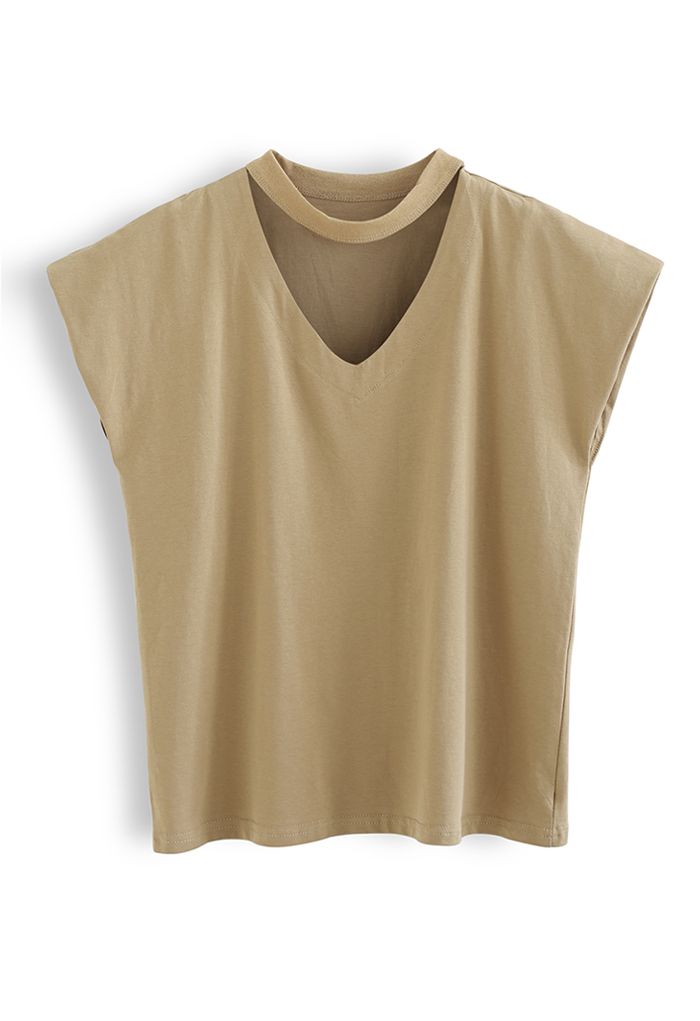 Camiseta de algodón sin mangas con cuello en V y gargantilla en color caramelo