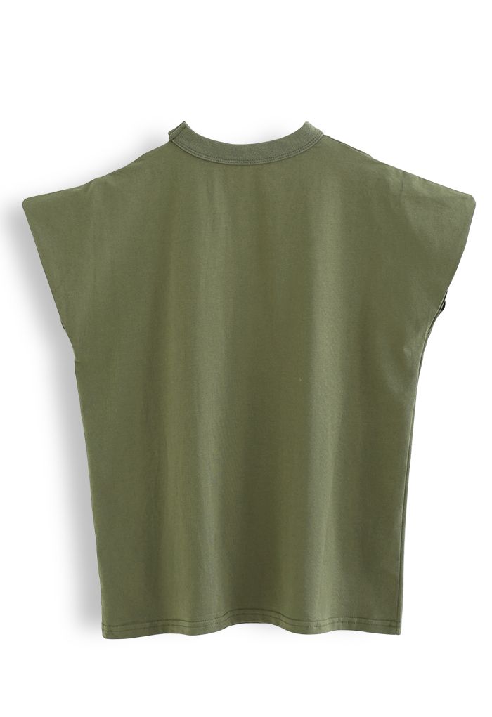 Camiseta de algodón sin mangas con cuello en V y gargantilla en verde militar