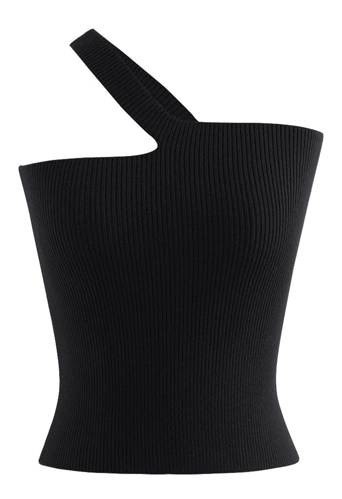 Camiseta sin mangas de punto corta con hombros oblicuos en negro