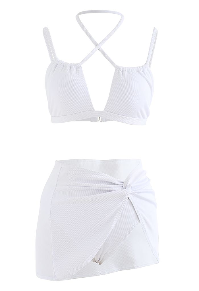 Conjunto de bikini blanco sólido con pareo