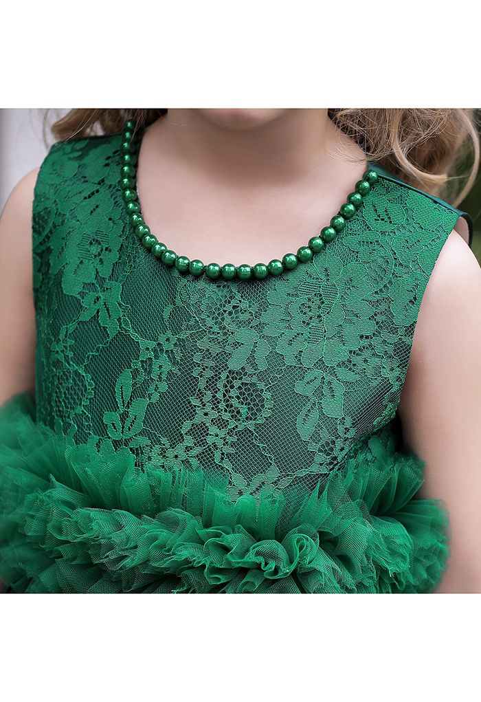 Vestido de princesa de malla con volantes y encaje floral en esmeralda para niños