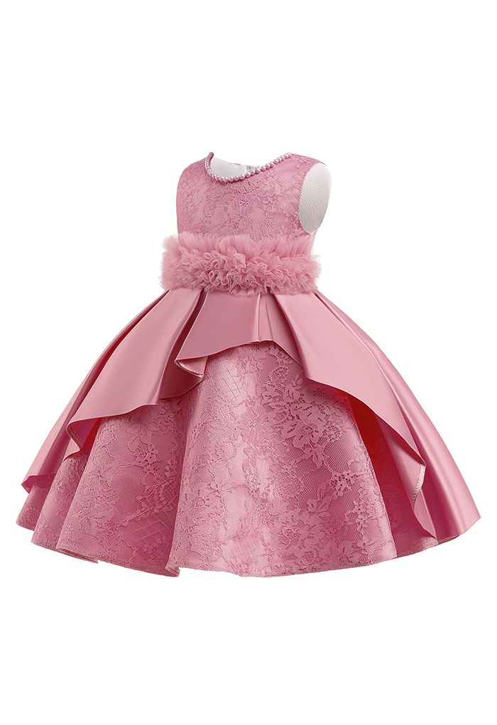 Vestido de princesa de malla con volantes y encaje floral en rosa para niños