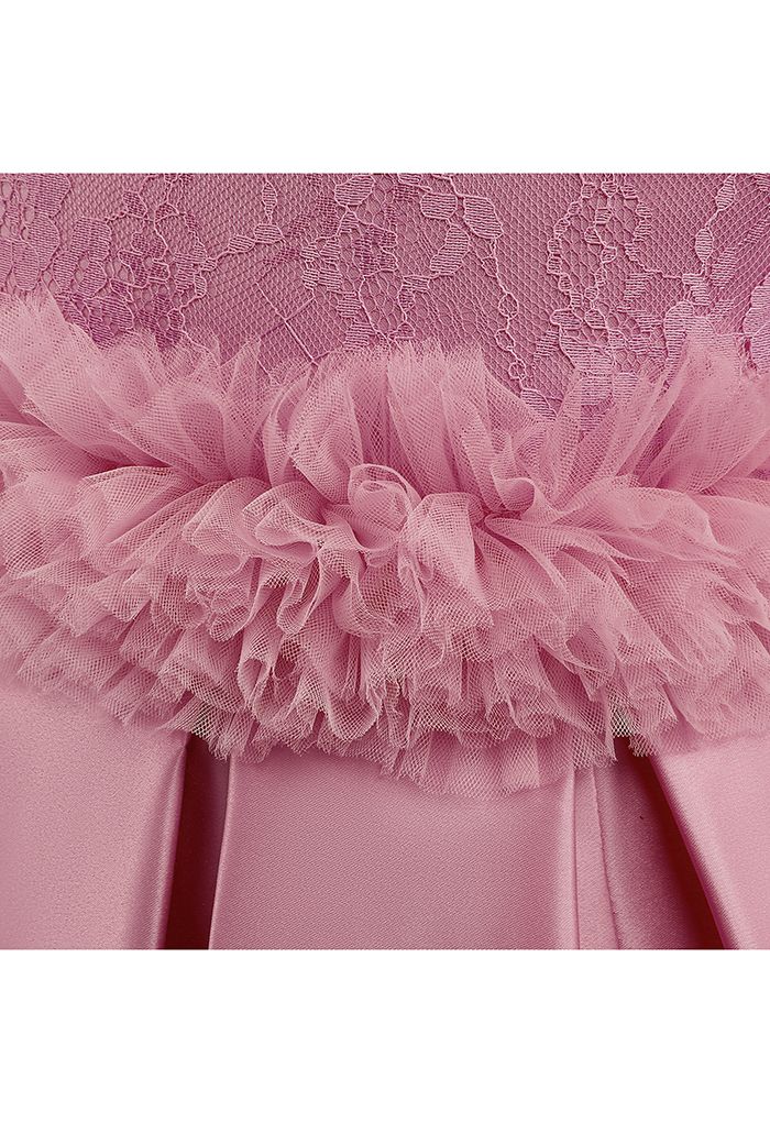 Vestido de princesa de malla con volantes y encaje floral en rosa para niños