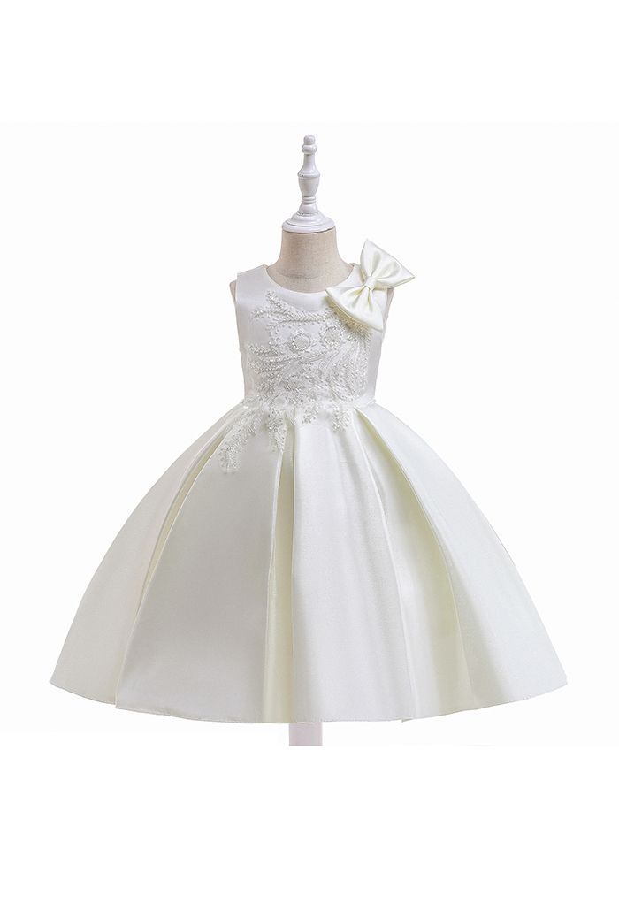 Vestido de princesa con lazo lateral de flores con cuentas en blanco para niños