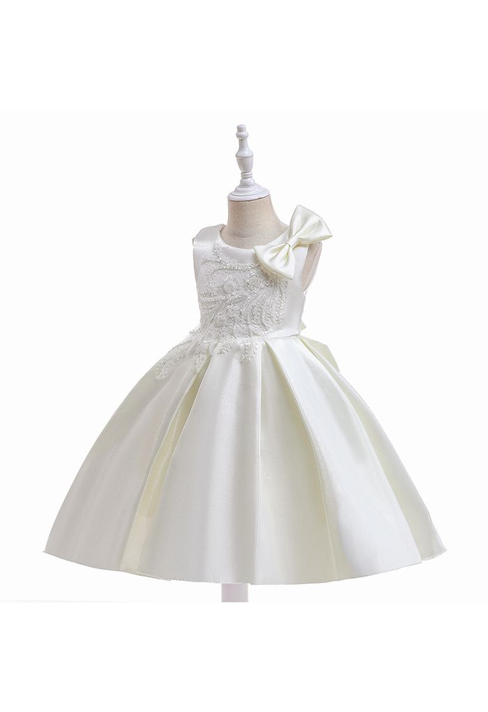 Vestido de princesa con lazo lateral de flores con cuentas en blanco para niños