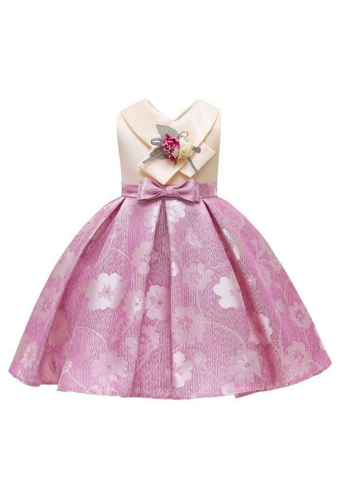 Vestido de princesa de jacquard floral con lazo en rosa para niños