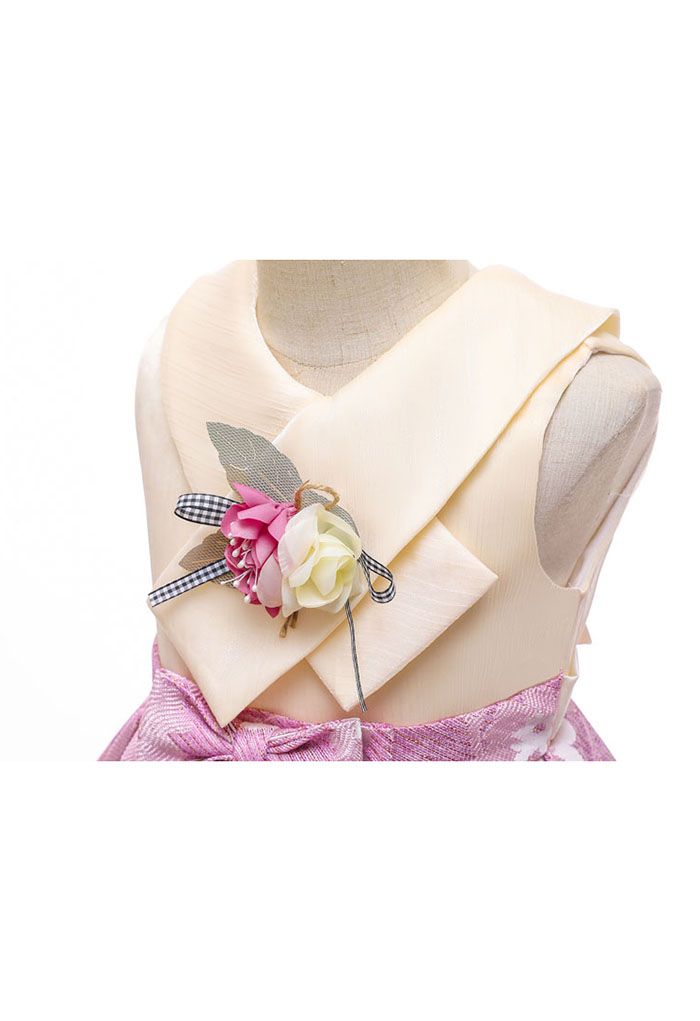 Vestido de princesa de jacquard floral con lazo en rosa para niños