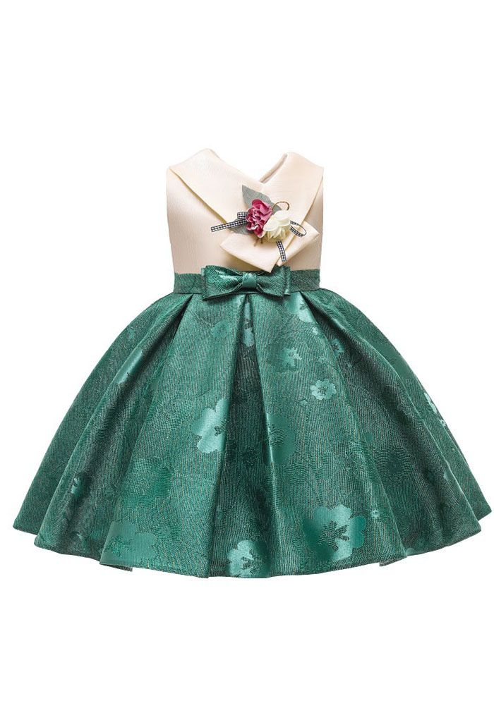 Vestido de princesa de jacquard floral con lazo en esmeralda para niños