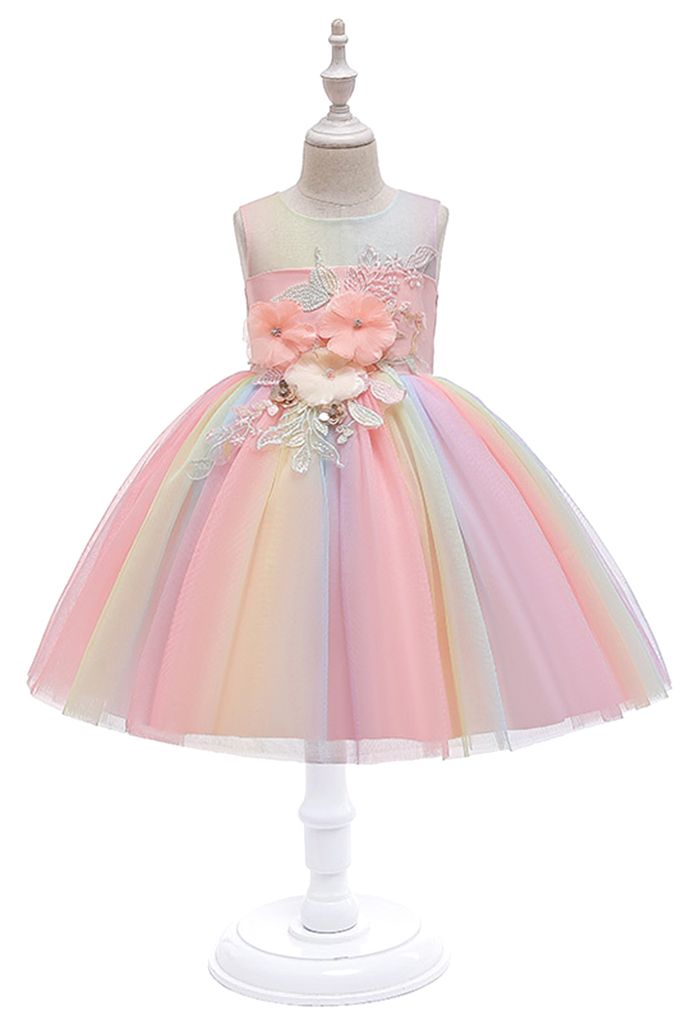Vestido de princesa de malla pastel con flores en 3D en rosa para niños