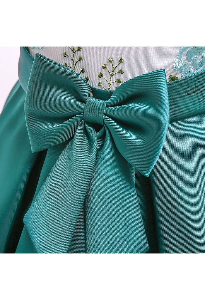 Vestido de princesa Hi-Lo con lazo de rama bordada en esmeralda para niños