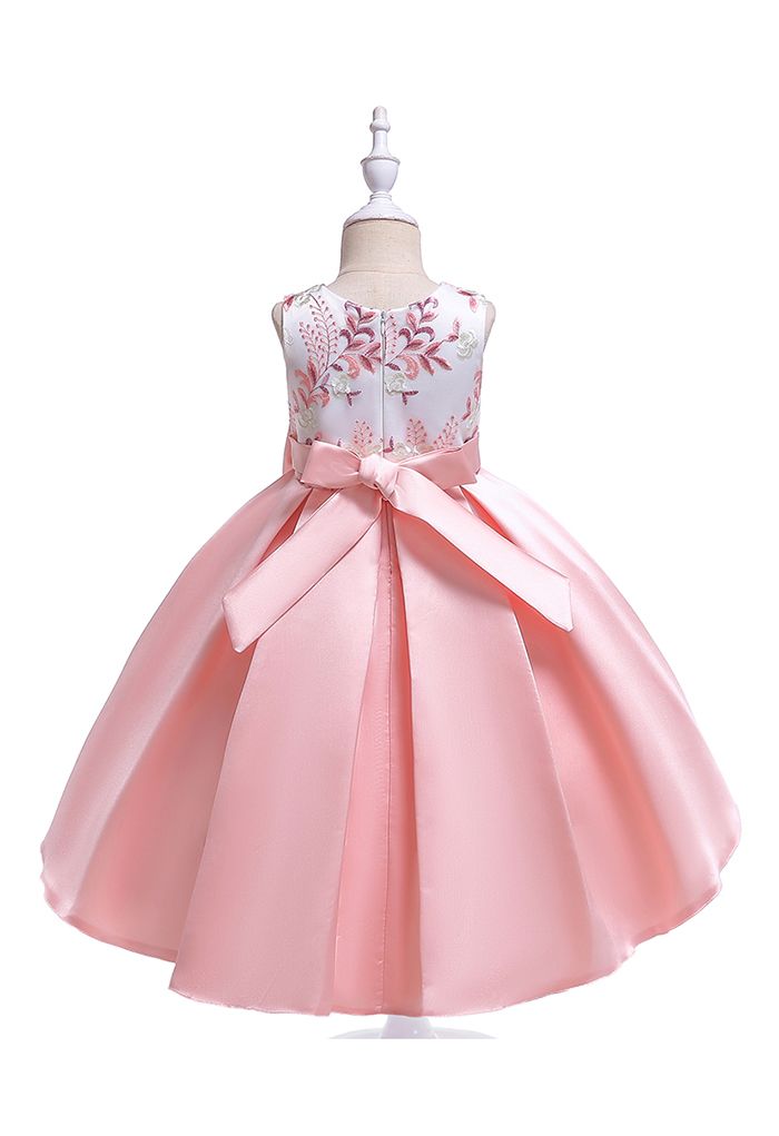 Vestido de princesa Hi-Lo con lazo de rama bordada en rosa para niños