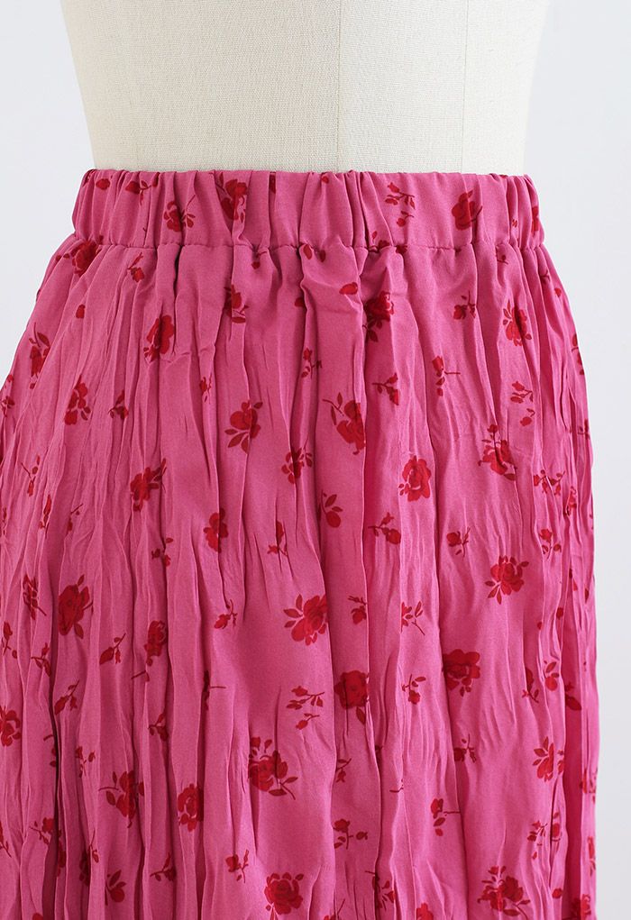 Falda con abertura fruncida con estampado de ramo de rosas en rosa fuerte