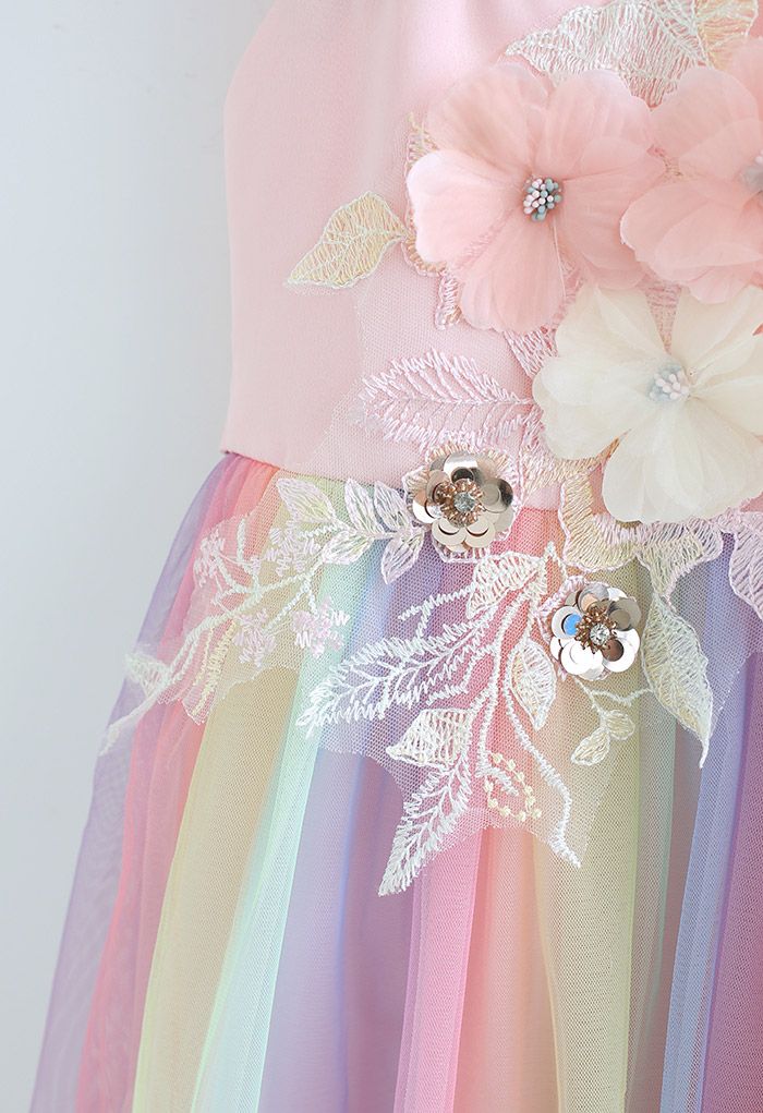 Vestido de princesa de malla pastel con flores en 3D en rosa para niños
