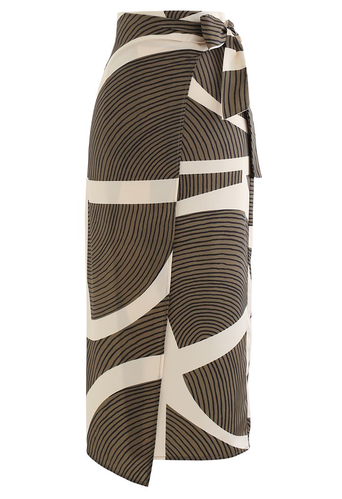 Falda larga con estampado de rayas abstractas y lazo en la cintura