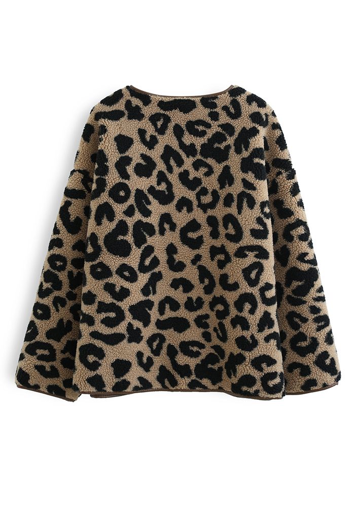 Abrigo de ante sin cuello de piel sintética de leopardo