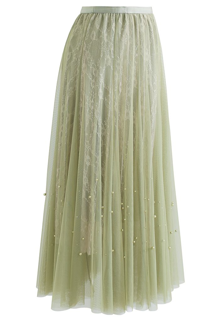 Falda midi de malla de encaje decorada con perlas en pistacho