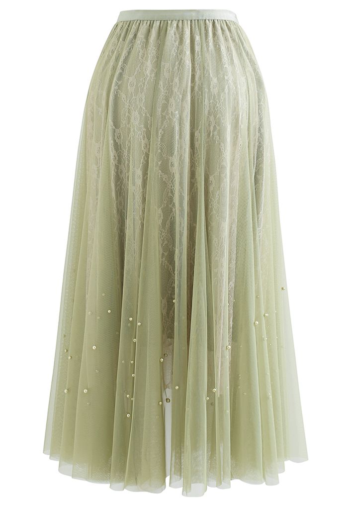Falda midi de malla de encaje decorada con perlas en pistacho