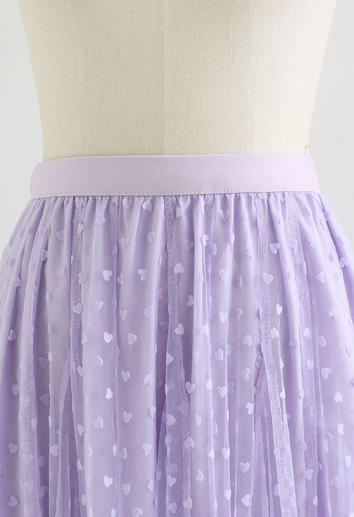 Falda con volantes de malla con paneles de corazón pequeño en lila