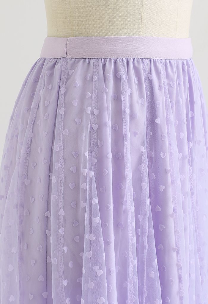 Falda con volantes de malla con paneles de corazón pequeño en lila