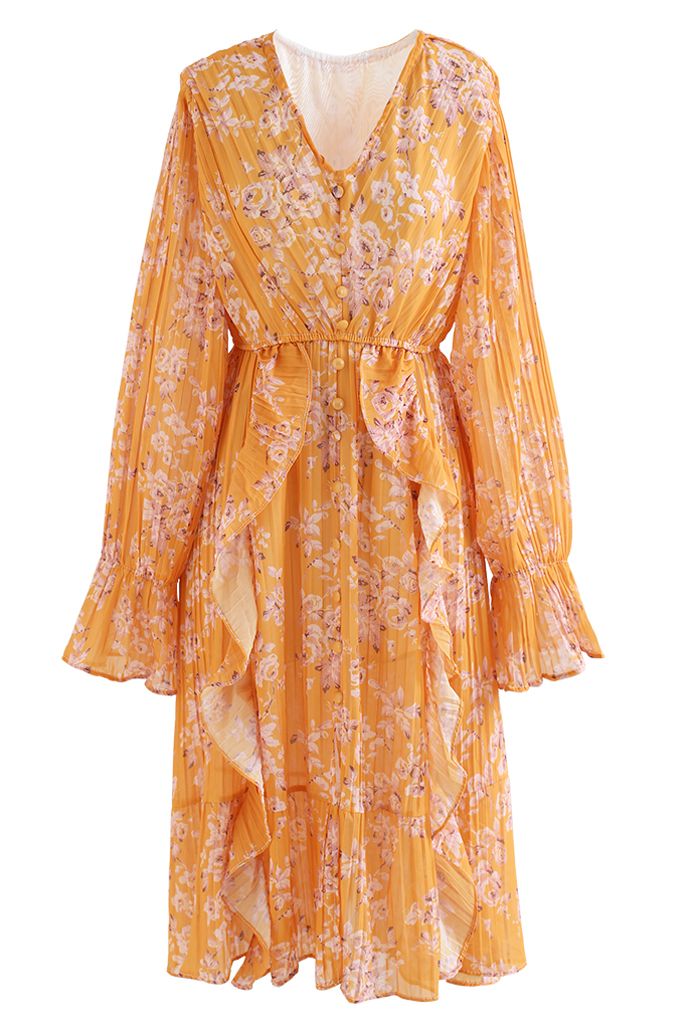 Vestido midi plisado con volantes florales en naranja
