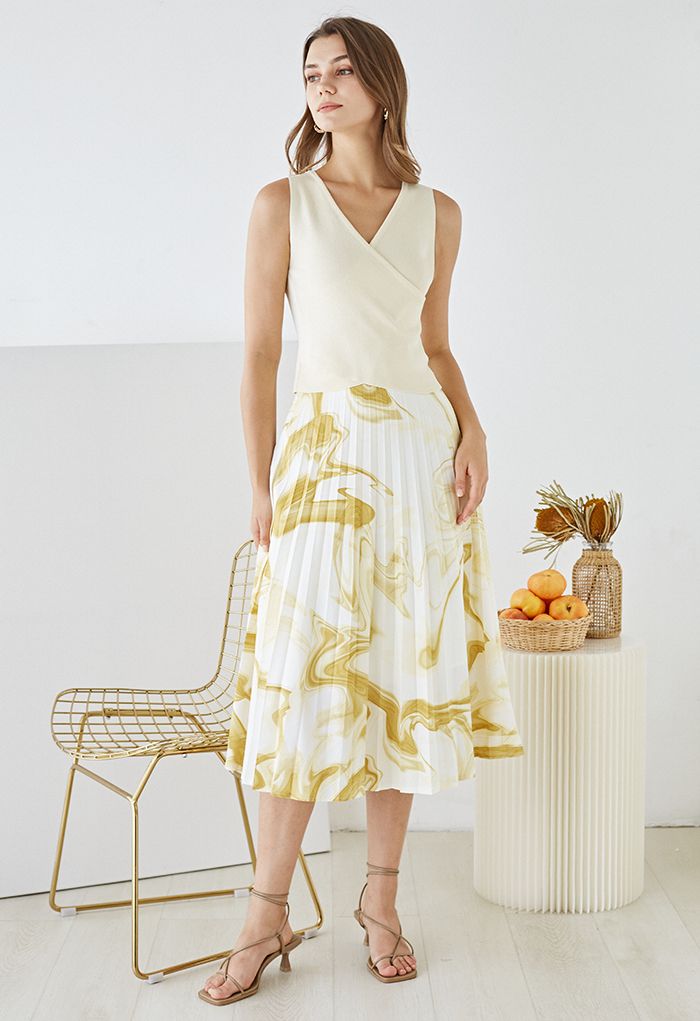 Falda midi plisada con estampado de remolinos de acuarela en amarillo
