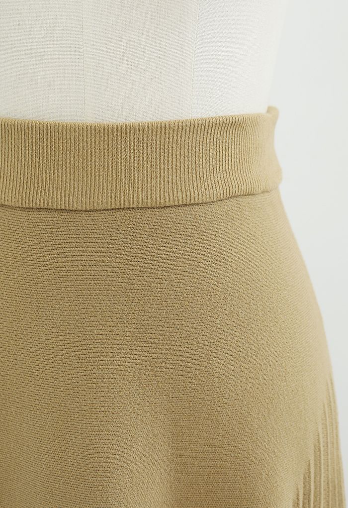 Falda midi de punto ultrasuave con textura plisada en mostaza