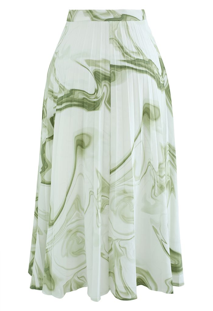 Falda midi plisada con estampado de remolinos de acuarela en verde
