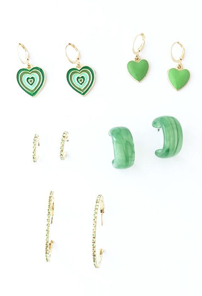 5 pares de aretes de cristal verde jade