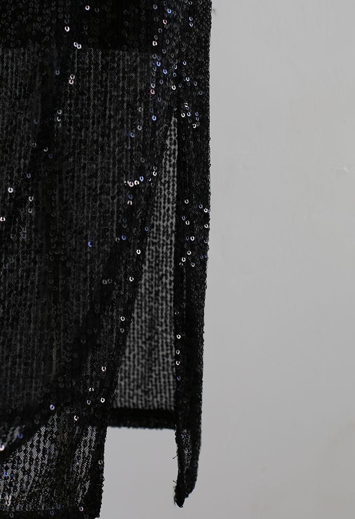 Falda lápiz con abertura y lentejuelas brillantes en negro