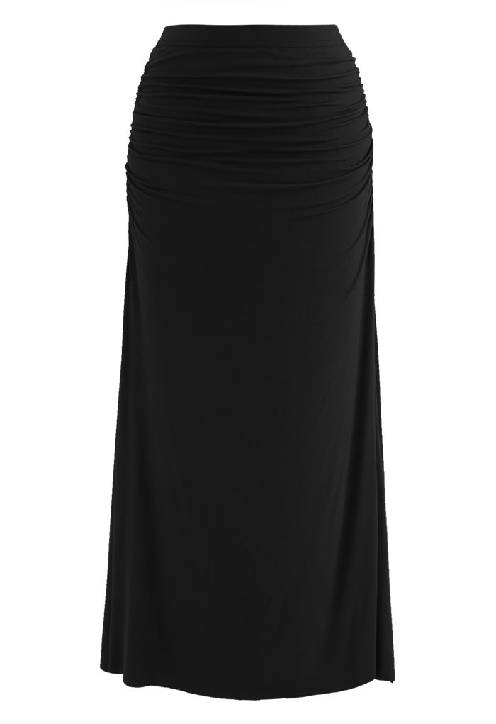 Falda larga con detalle fruncido de cintura alta en negro