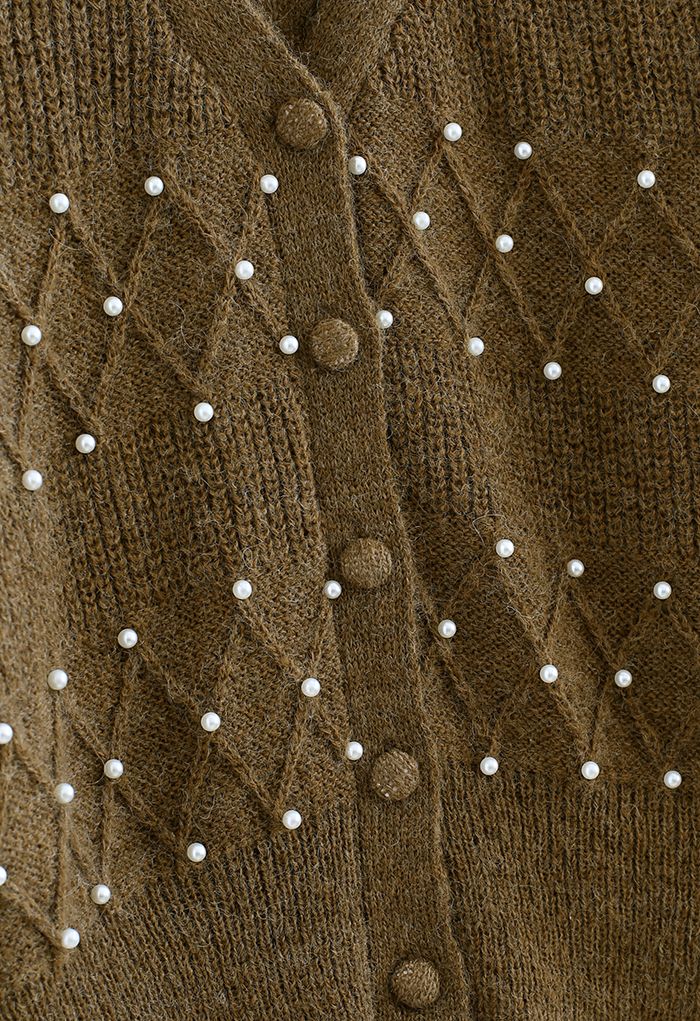 Cárdigan de punto con decoración de perlas y textura de diamante en marrón