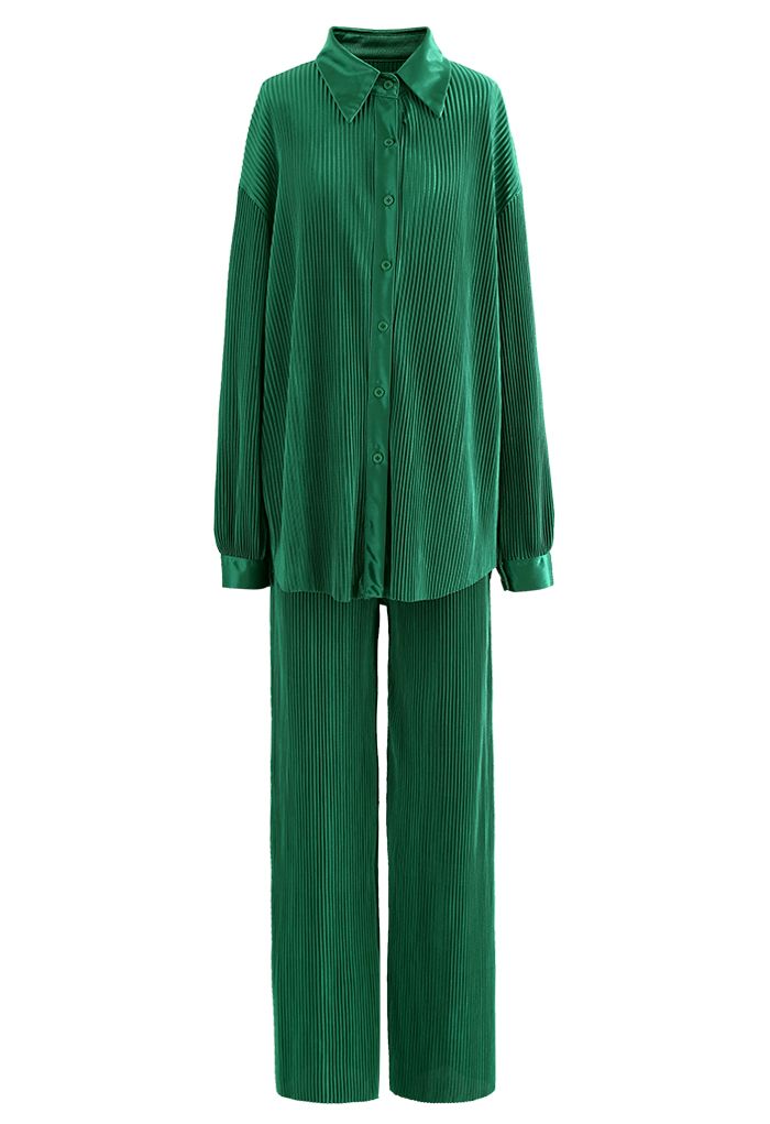 Conjunto de pantalón y camisa plisada con plisado completo en esmeralda